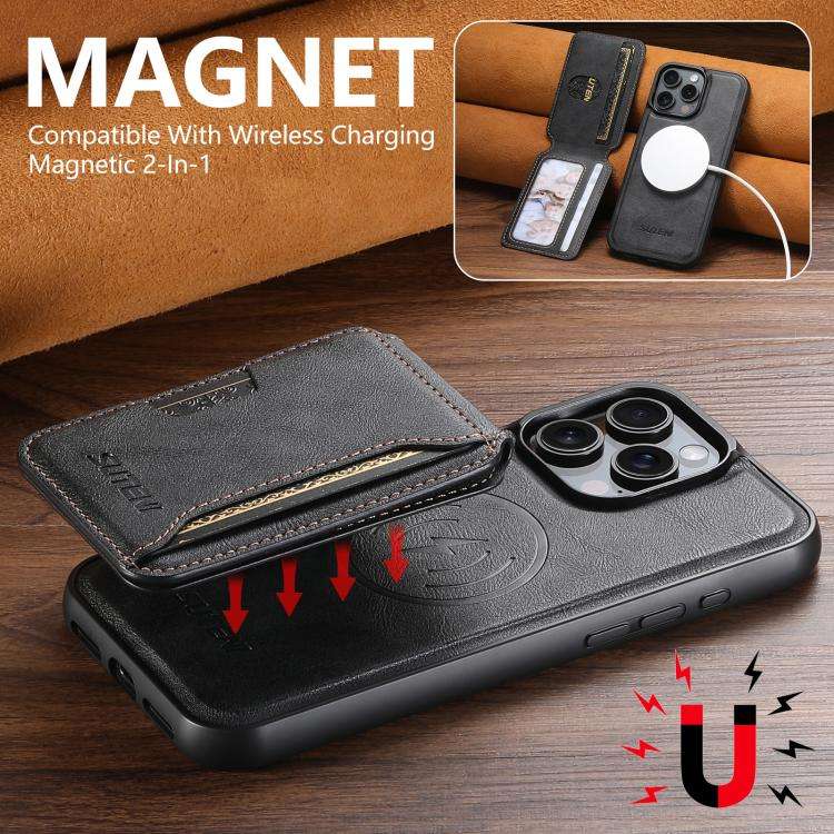 Suteni M3 Card Bag MagSafe Cowhide Texture Leather Phone Case, For iPhone 14, For iPhone 14 Pro, ...