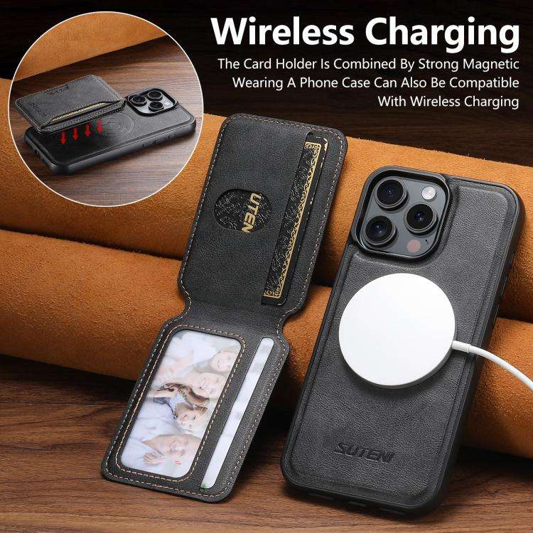 Suteni M3 Card Bag MagSafe Cowhide Texture Leather Phone Case, For iPhone 14, For iPhone 14 Pro, ...