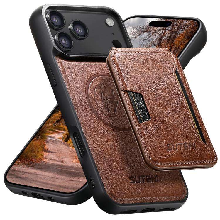 Suteni M3 Card Bag MagSafe Cowhide Texture Leather Phone Case, For iPhone 18, For iPhone 18 Pro, ...