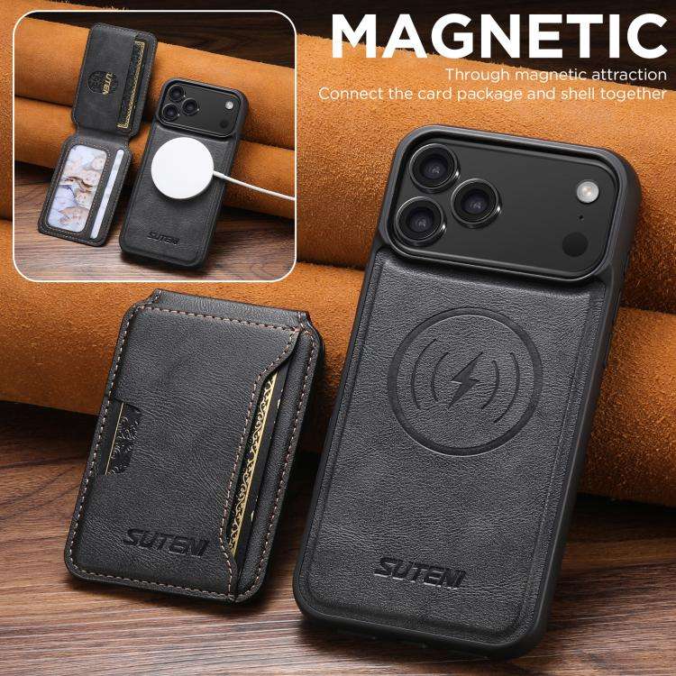 Suteni M3 Card Bag MagSafe Cowhide Texture Leather Phone Case, For iPhone 18, For iPhone 18 Pro, ...