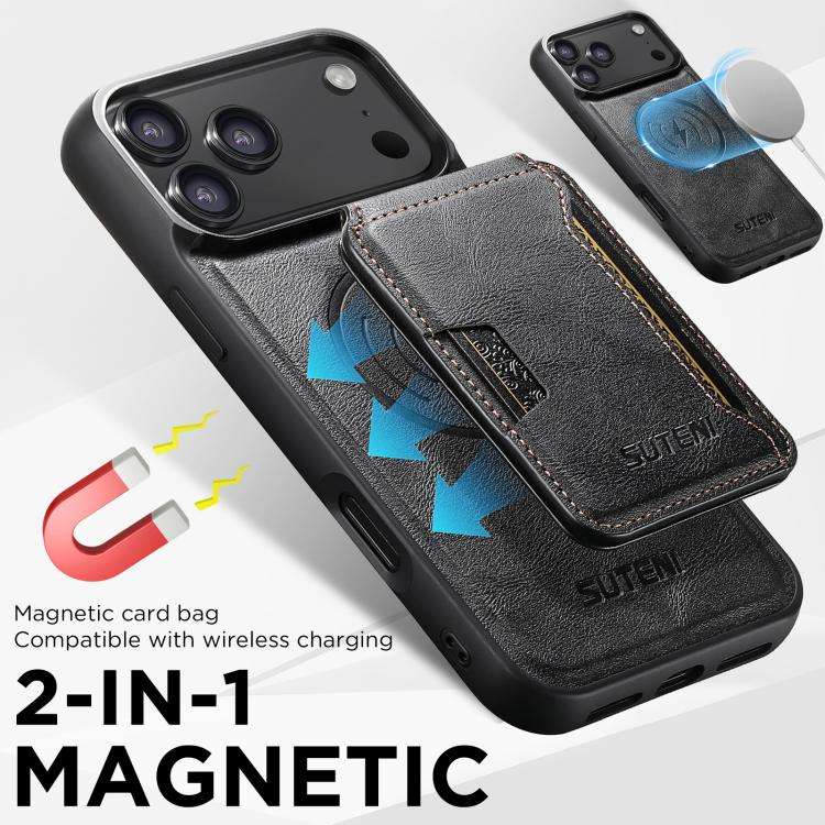 Suteni M3 Card Bag MagSafe Cowhide Texture Leather Phone Case, For iPhone 18, For iPhone 18 Pro, ...