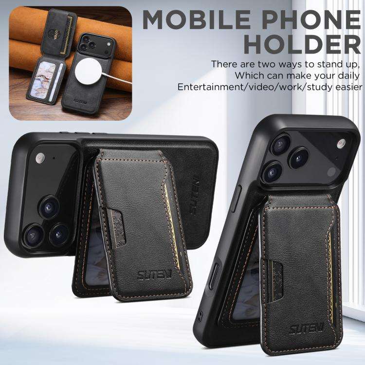 Suteni M3 Card Bag MagSafe Cowhide Texture Leather Phone Case, For iPhone 18, For iPhone 18 Pro, ...