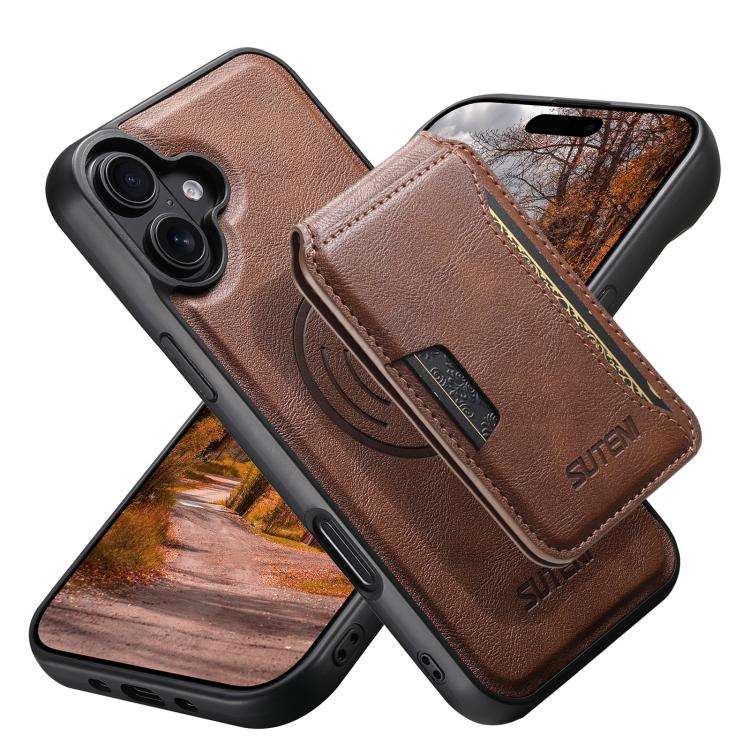 Suteni M3 Card Bag MagSafe Cowhide Texture Leather Phone Case, For iPhone 18, For iPhone 18 Pro, ...