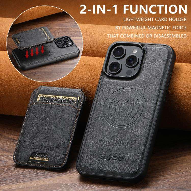 Suteni M5 Magnetic Card Bag MagSafe Cowhide Texture Leather Phone Case, For iPhone 14, For iPhone...