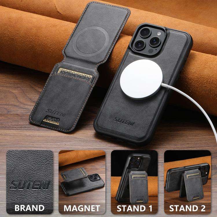 Suteni M5 Magnetic Card Bag MagSafe Cowhide Texture Leather Phone Case, For iPhone 14, For iPhone...