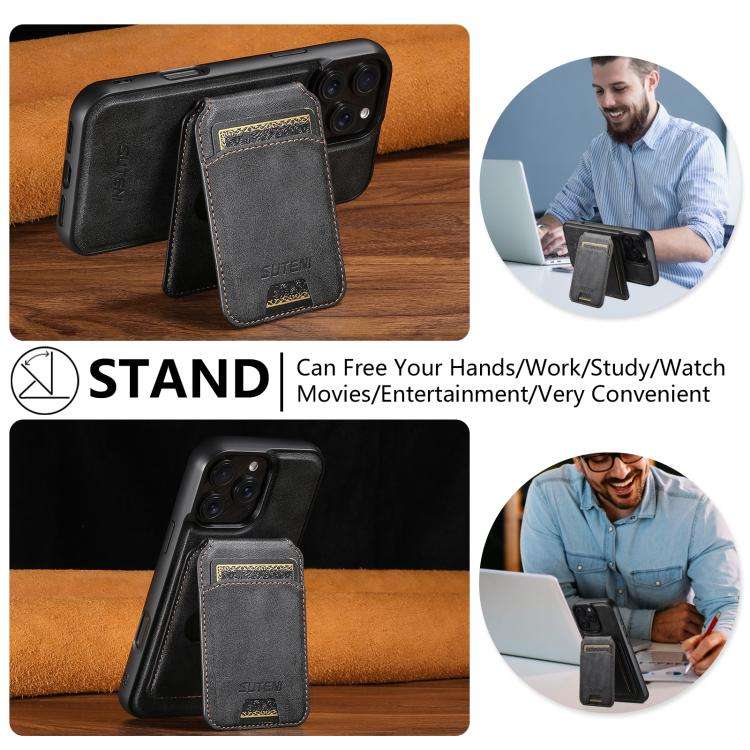 Suteni M5 Magnetic Card Bag MagSafe Cowhide Texture Leather Phone Case, For iPhone 14, For iPhone...