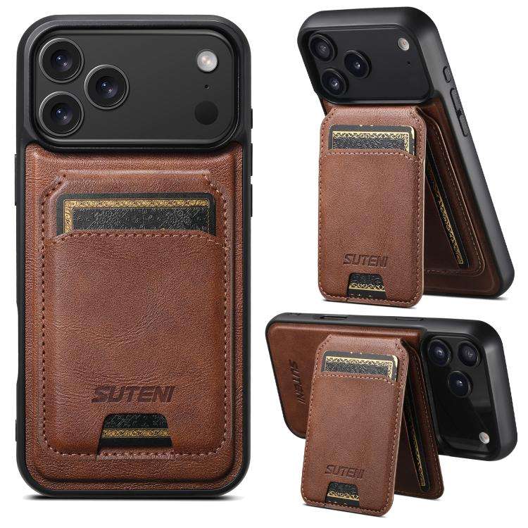 Suteni M5 Magnetic Card Bag MagSafe Cowhide Texture Leather Phone Case, For iPhone 18, For iPhone...