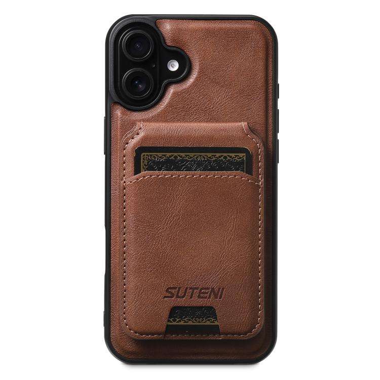 Suteni M5 Magnetic Card Bag MagSafe Cowhide Texture Leather Phone Case, For iPhone 18, For iPhone...