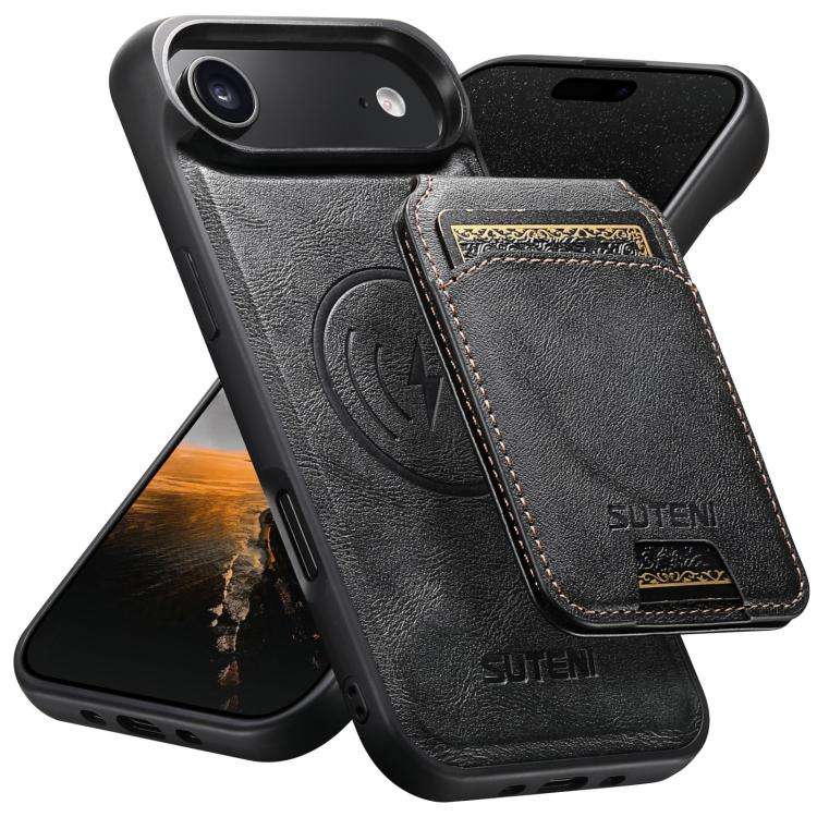 Suteni M5 Magnetic Card Bag MagSafe Cowhide Texture Leather Phone Case, For iPhone 18, For iPhone...