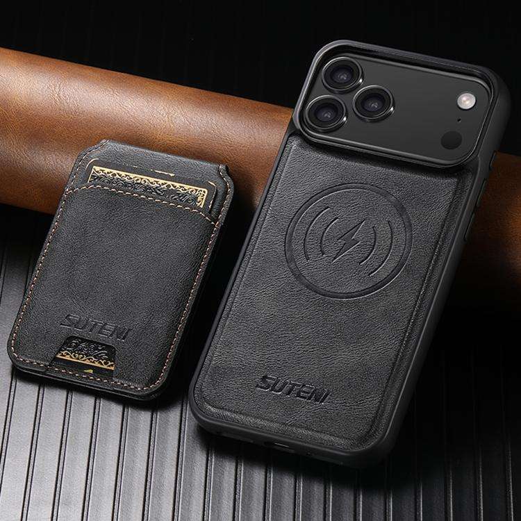 Suteni M5 Magnetic Card Bag MagSafe Cowhide Texture Leather Phone Case, For iPhone 18, For iPhone...