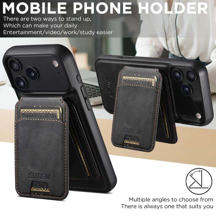 Suteni M5 Magnetic Card Bag MagSafe Cowhide Texture Leather Phone Case, For iPhone 18, For iPhone...