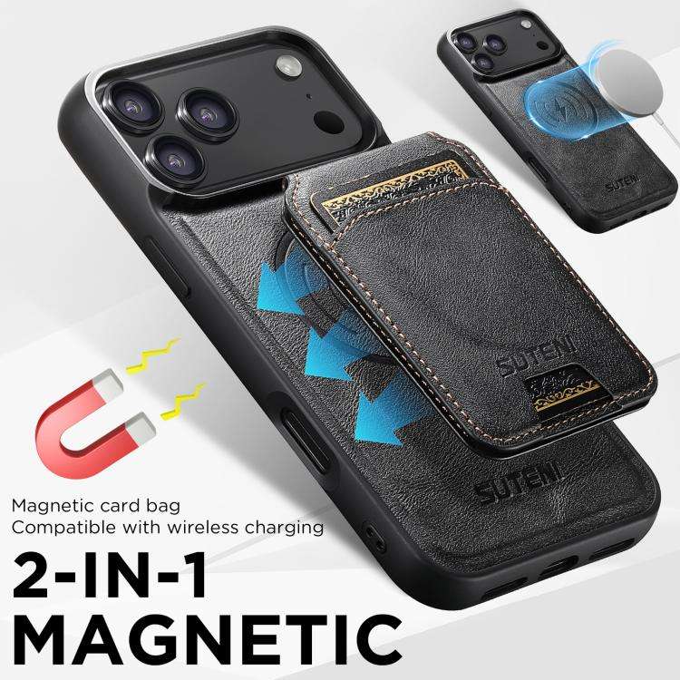 Suteni M5 Magnetic Card Bag MagSafe Cowhide Texture Leather Phone Case, For iPhone 18, For iPhone...