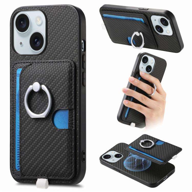 Carbon Fiber Ring Side Insert Card Bag MagSafe Phone Case, For iPhone 15 Pro Max, For iPhone 15 P...
