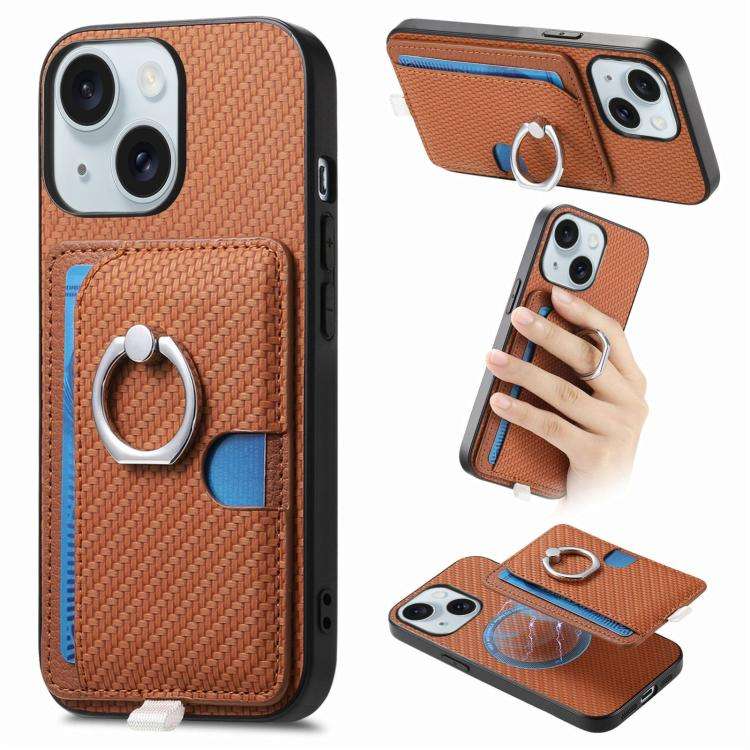 Carbon Fiber Ring Side Insert Card Bag MagSafe Phone Case, For iPhone 15 Pro Max, For iPhone 15 P...
