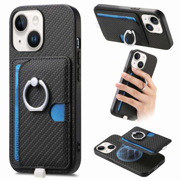 Carbon Fiber Ring Side Insert Card Bag MagSafe Phone Case, For iPhone 15 Pro Max, For iPhone 15 P...