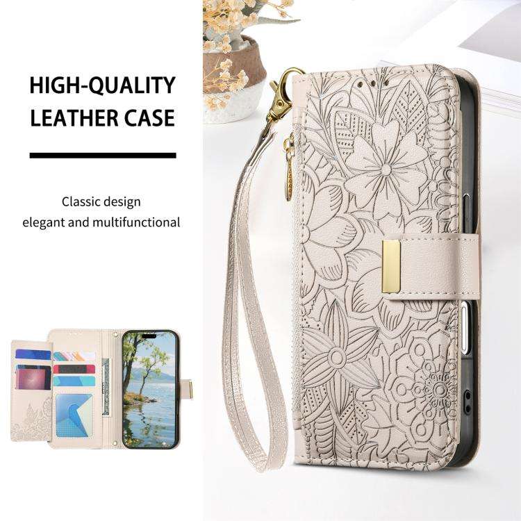 Flowers Leaves Zipper Wallet Leather Phone Case with Strap, For iPhone 17e / 16e, For iPhone 17 P...