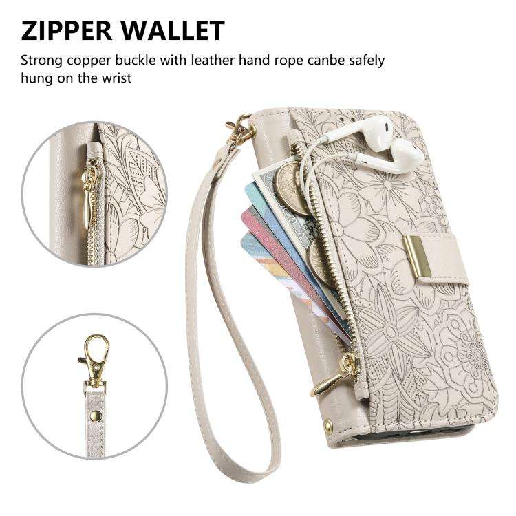 Flowers Leaves Zipper Wallet Leather Phone Case with Strap, For iPhone 17e / 16e, For iPhone 17 P...