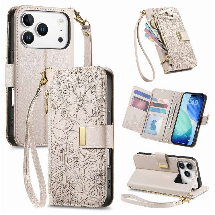 Flowers Leaves Zipper Wallet Leather Phone Case with Strap, For iPhone 17e / 16e, For iPhone 17 P...