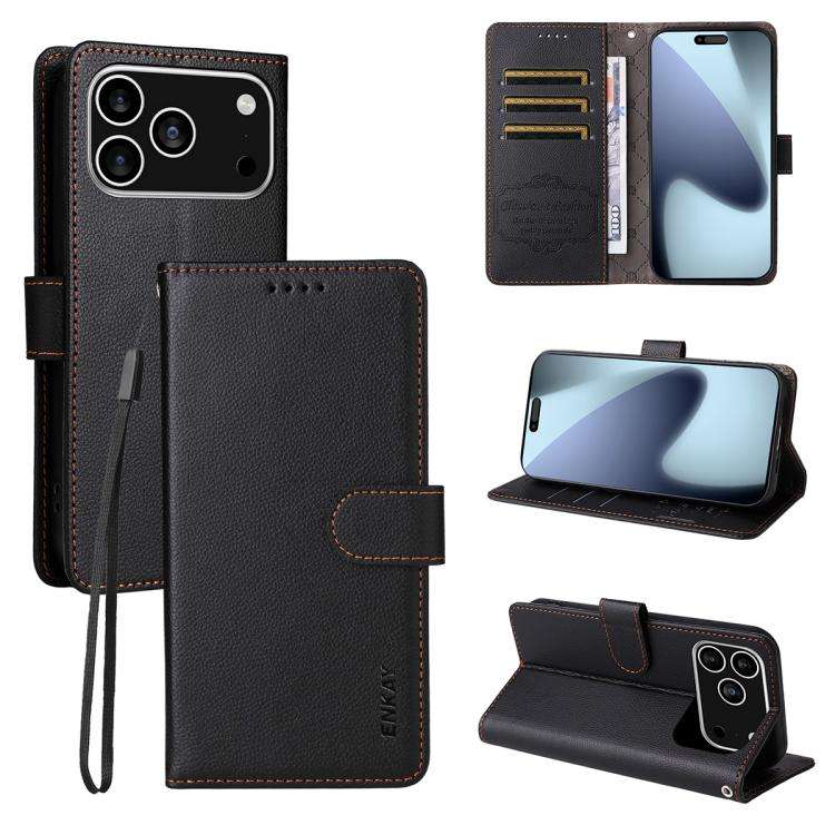 ENKAY RFID Blocking Wallet Kickstand Litchi Texture Leather Phone Case, For iPhone 18 Pro / 17 Pr...