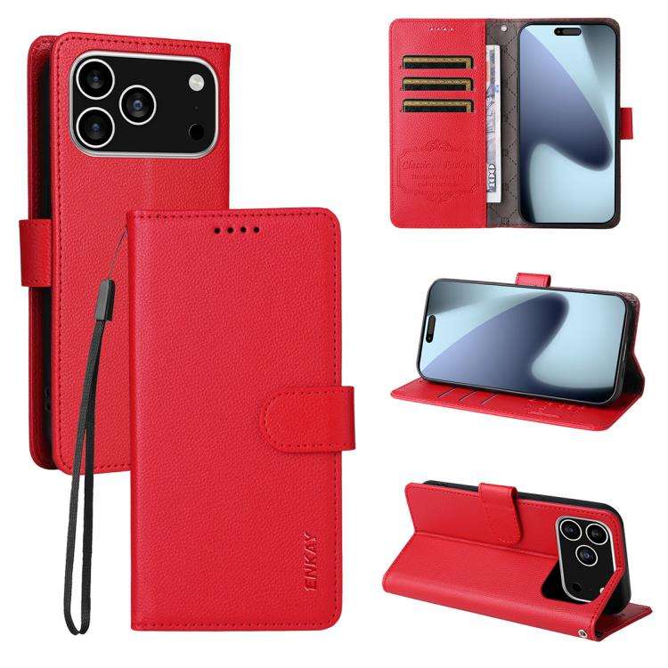 ENKAY RFID Blocking Wallet Kickstand Litchi Texture Leather Phone Case, For iPhone 18 Pro / 17 Pr...