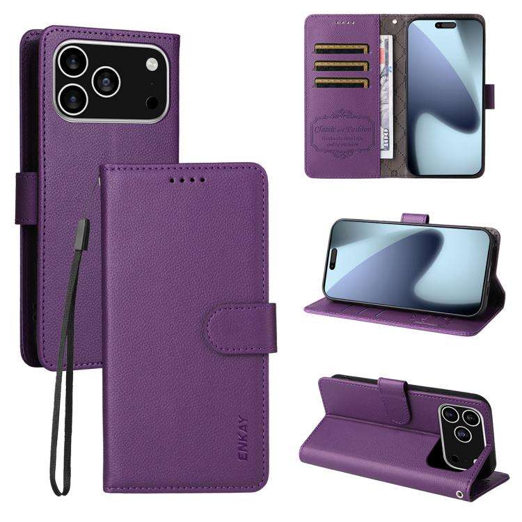 ENKAY RFID Blocking Wallet Kickstand Litchi Texture Leather Phone Case, For iPhone 18 Pro / 17 Pr...