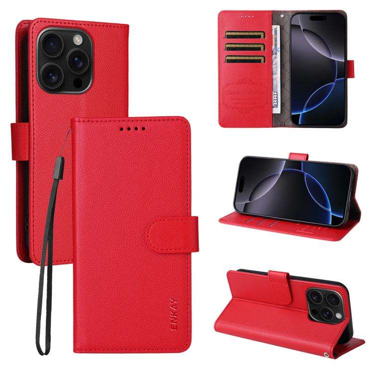 ENKAY RFID Blocking Wallet Kickstand Litchi Texture Leather Phone Case, For iPhone 18 Pro / 17 Pr...
