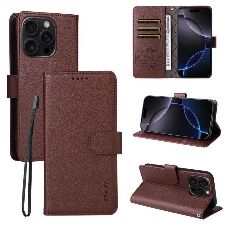 ENKAY RFID Blocking Wallet Kickstand Litchi Texture Leather Phone Case, For iPhone 18 Pro / 17 Pr...