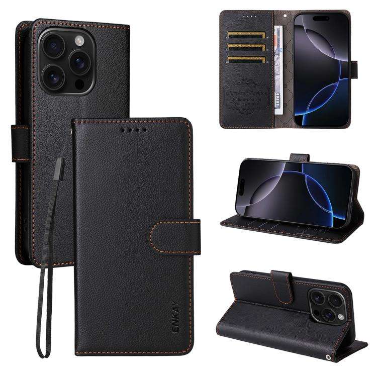 ENKAY RFID Blocking Wallet Kickstand Litchi Texture Leather Phone Case, For iPhone 18 Pro / 17 Pr...