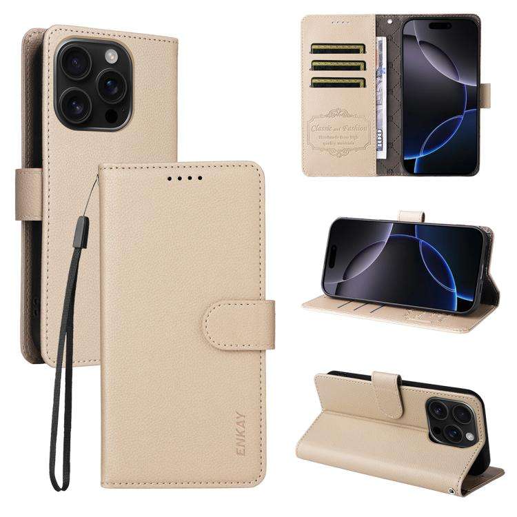 ENKAY RFID Blocking Wallet Kickstand Litchi Texture Leather Phone Case, For iPhone 18 Pro / 17 Pr...