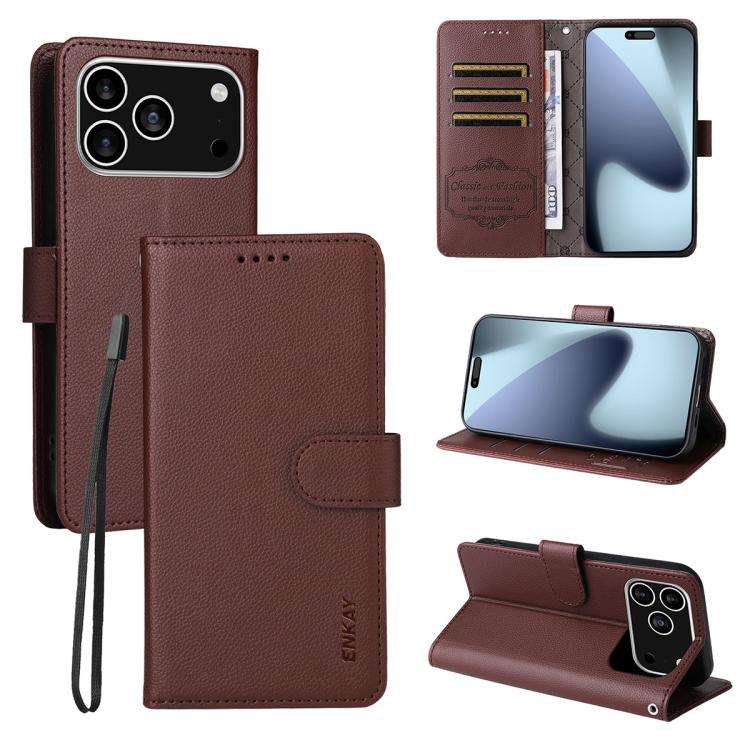ENKAY RFID Blocking Wallet Kickstand Litchi Texture Leather Phone Case, For iPhone 18 Pro / 17 Pr...