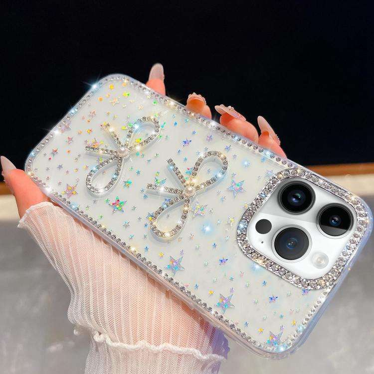 Diamond Glitter Dual Bow-knot Shockproof Phone Case, For iPhone 15 Pro Max, For iPhone 15 Pro, Fo...