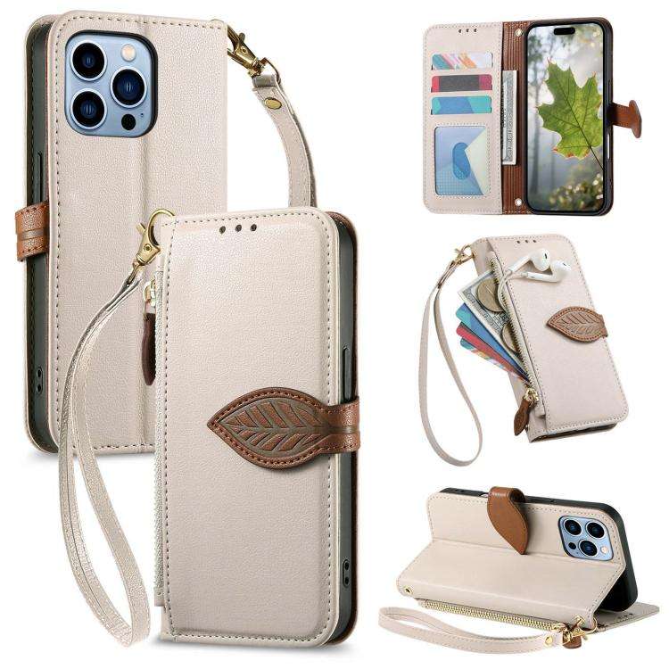 Leaf Buckle Zipper Wallet Leather Phone Case with Strap, For iPhone 15 Pro Max, For iPhone 15 Pro...