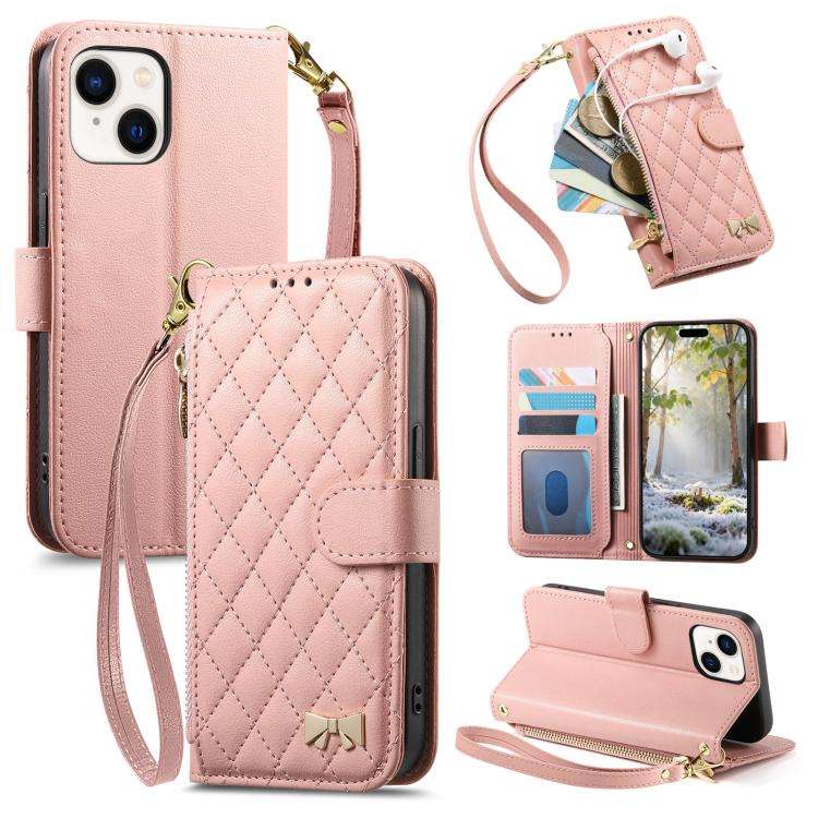 Rhombic Texture Zipper Wallet Metal Bow-knot Vegan Leather Phone Case with Strap, For iPhone 15 P...