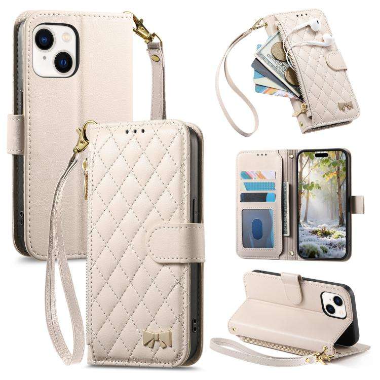 Rhombic Texture Zipper Wallet Metal Bow-knot Vegan Leather Phone Case with Strap, For iPhone 15 P...