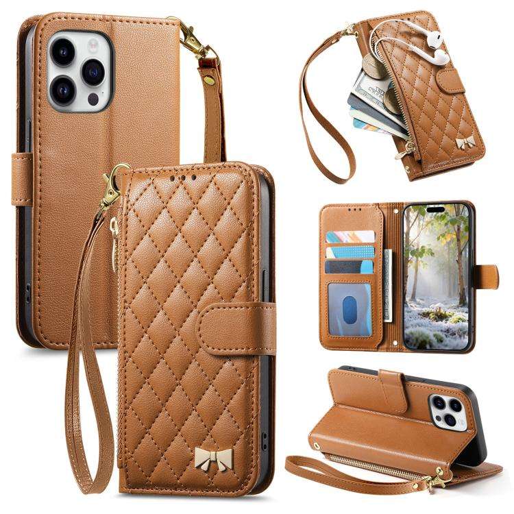 Rhombic Texture Zipper Wallet Metal Bow-knot Vegan Leather Phone Case with Strap, For iPhone 15 P...