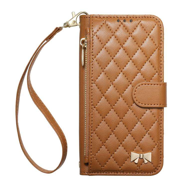 Rhombic Texture Zipper Wallet Metal Bow-knot Vegan Leather Phone Case with Strap, For iPhone 15 P...
