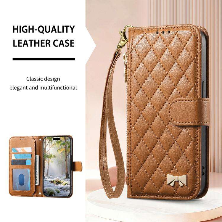 Rhombic Texture Zipper Wallet Metal Bow-knot Vegan Leather Phone Case with Strap, For iPhone 15 P...