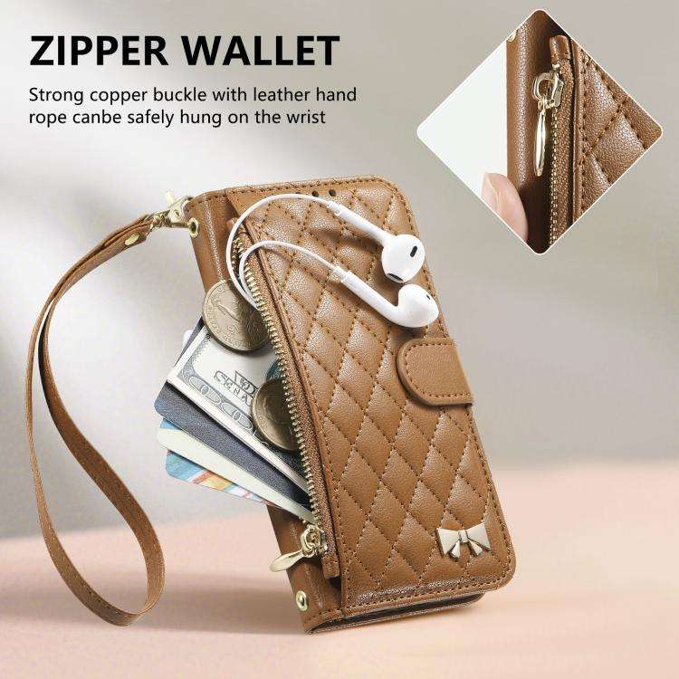 Rhombic Texture Zipper Wallet Metal Bow-knot Vegan Leather Phone Case with Strap, For iPhone 15 P...