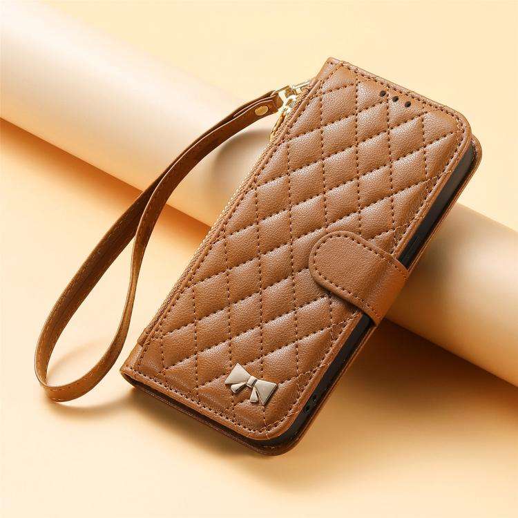 Rhombic Texture Zipper Wallet Metal Bow-knot Vegan Leather Phone Case with Strap, For iPhone 15 P...
