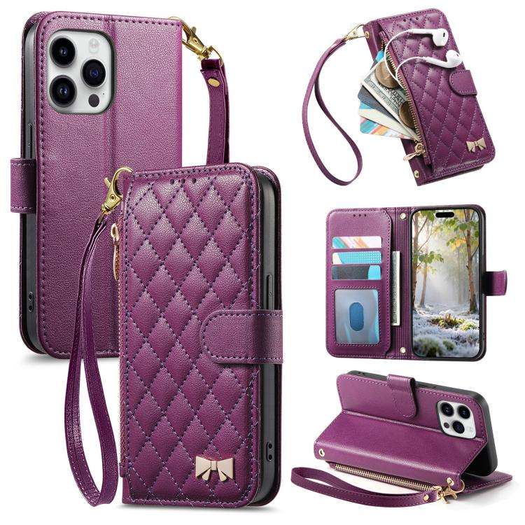 Rhombic Texture Zipper Wallet Metal Bow-knot Vegan Leather Phone Case with Strap, For iPhone 15 P...
