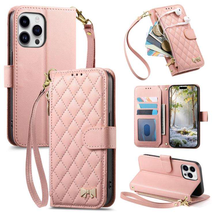 Rhombic Texture Zipper Wallet Metal Bow-knot Vegan Leather Phone Case with Strap, For iPhone 15 P...