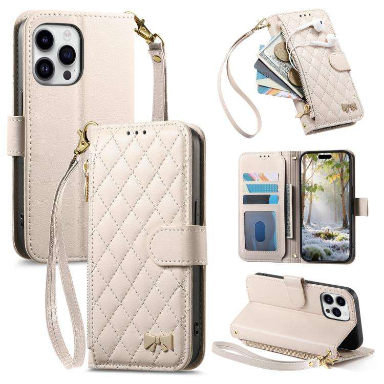 Rhombic Texture Zipper Wallet Metal Bow-knot Vegan Leather Phone Case with Strap, For iPhone 15 P...