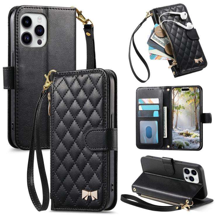 Rhombic Texture Zipper Wallet Metal Bow-knot Vegan Leather Phone Case with Strap, For iPhone 15 P...
