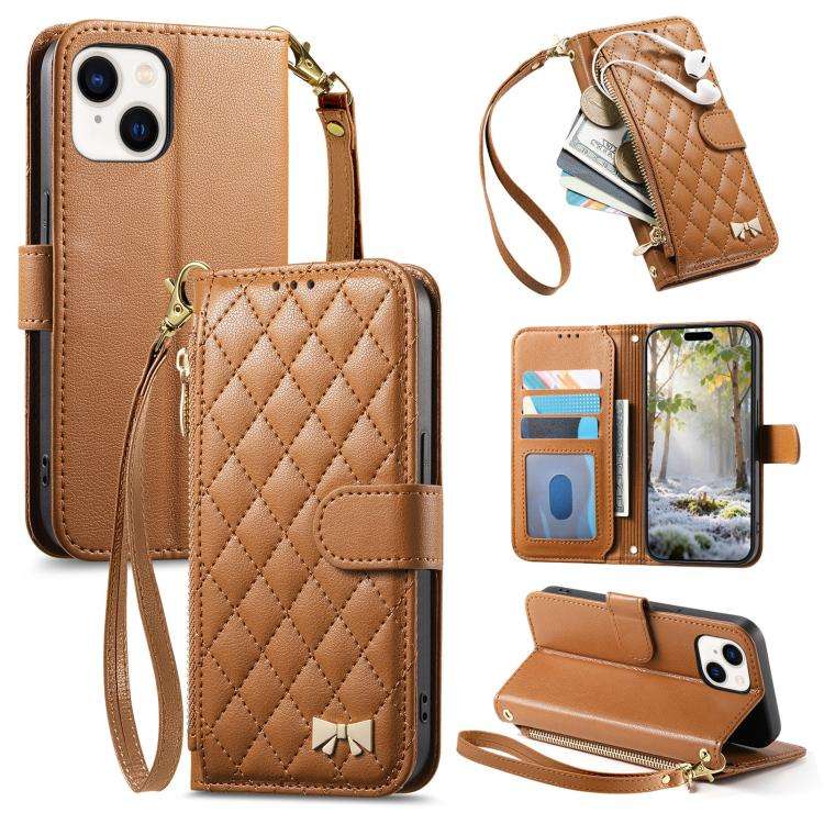Rhombic Texture Zipper Wallet Metal Bow-knot Vegan Leather Phone Case with Strap, For iPhone 15 P...