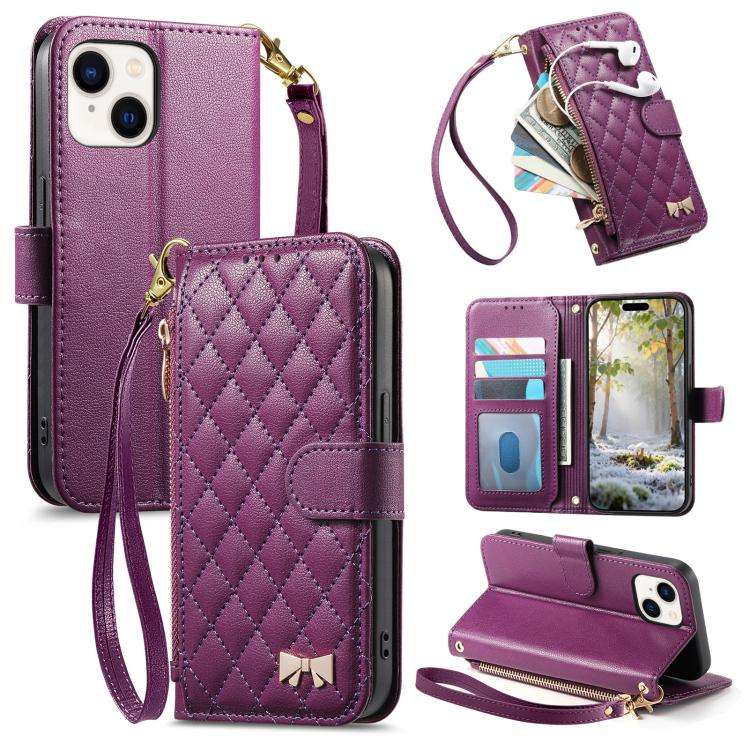 Rhombic Texture Zipper Wallet Metal Bow-knot Vegan Leather Phone Case with Strap, For iPhone 15 P...