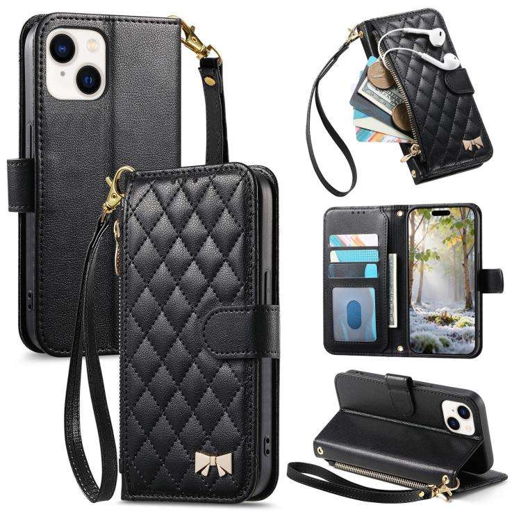 Rhombic Texture Zipper Wallet Metal Bow-knot Vegan Leather Phone Case with Strap, For iPhone 15 P...
