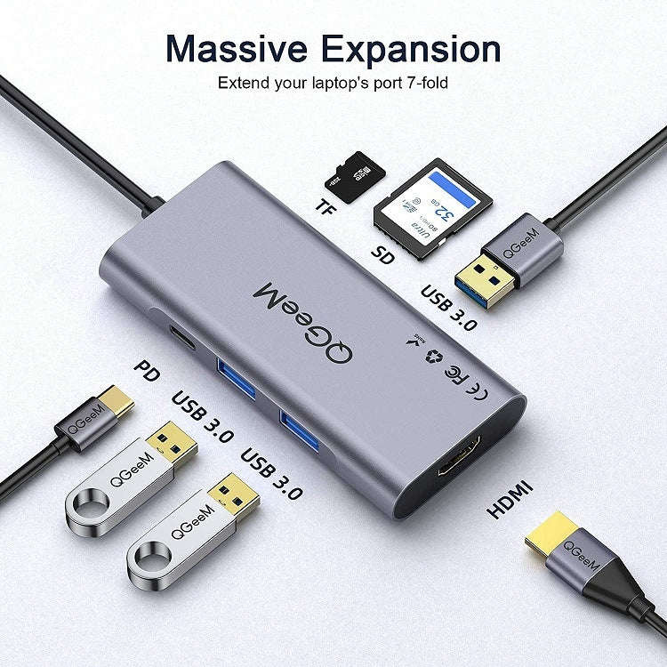 QGeeM 7 In 1 Multifunctional USB3.0 TYPE-C Extension HUB Adapter, QG-UH07-3(7 In 1)