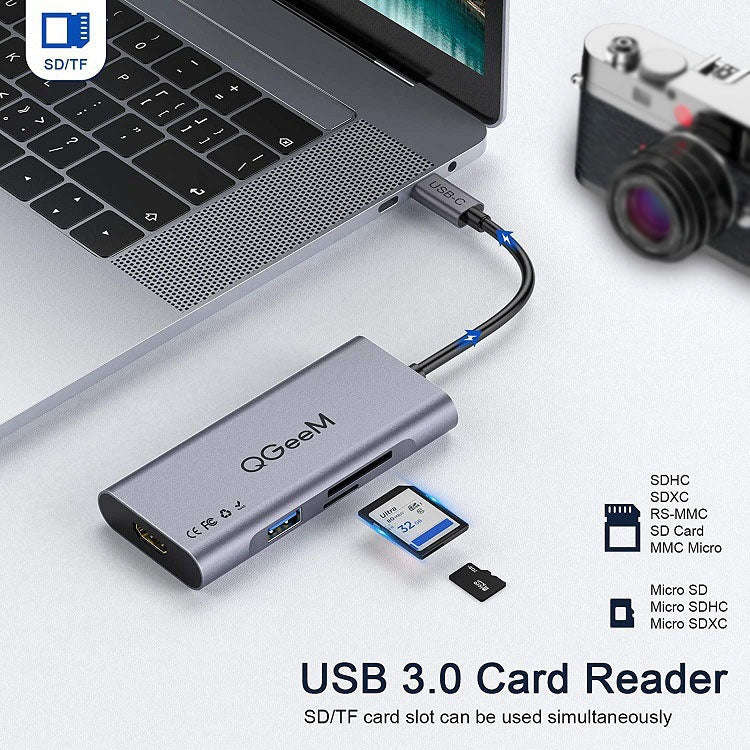 QGeeM 7 In 1 Multifunctional USB3.0 TYPE-C Extension HUB Adapter, QG-UH07-3(7 In 1)