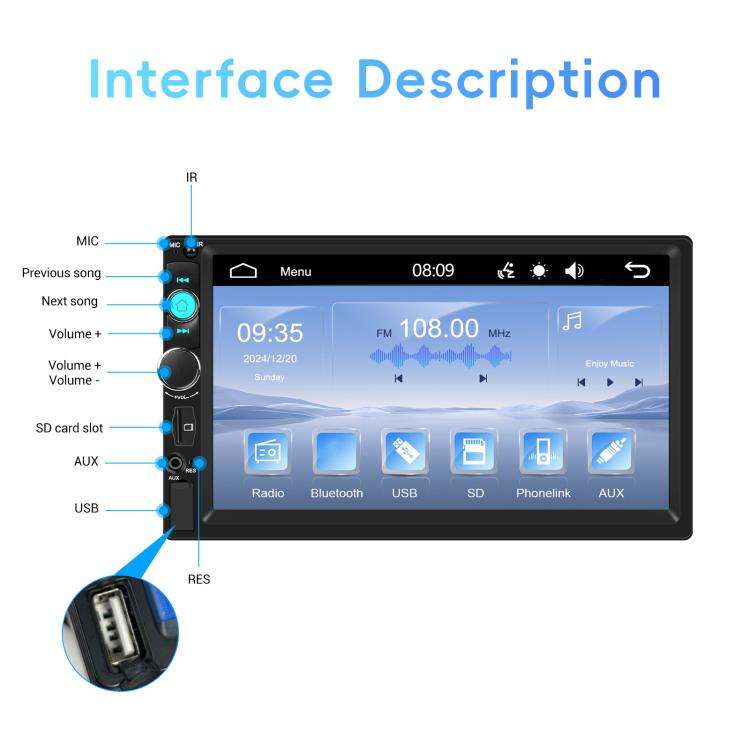 7 Inch Wired Carplay Dual Butt MP5 Player Bluetooth Big Screen Car Center Control, Standard, Stan...