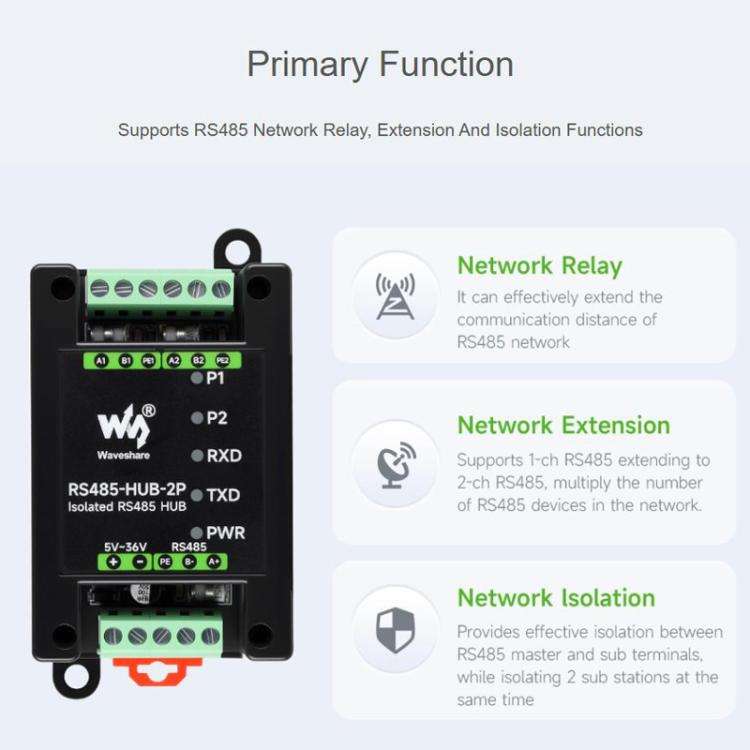 Industrial Isolated 2CH Hub Rail Wide Baud Rate Repeater, 32157